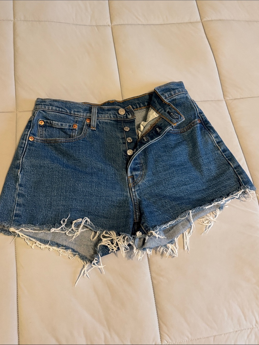 Levi's Blue Denim High-Rise Cutoff Shorts with Frayed Hem